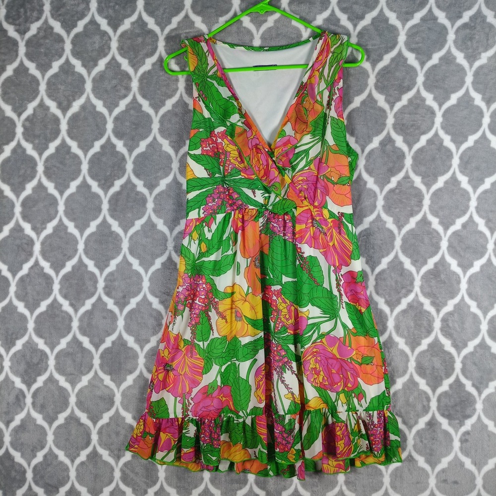 Janette John 3:16 Dress Size Medium Green Pink V-Neck Ruffle Hem Tropical Summer